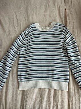Travota Birds of Paradis Striped Crewneck Sweater in White and Navy